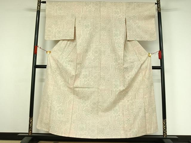 平和屋着物▽上質な紬 単衣 幾何学花文 正絹 逸品 AABJ6010jh