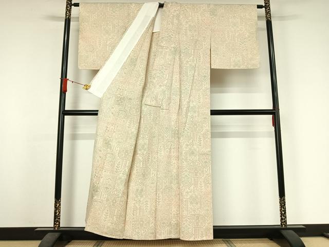 平和屋着物▽上質な紬 単衣 幾何学花文 正絹 逸品 AABJ6010jh