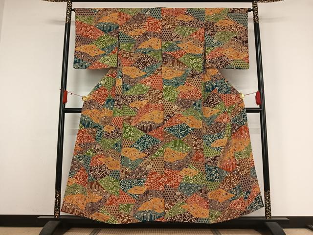 平和屋着物▽上質な小紋 単衣 型染め 切嵌吉祥花文 正絹 逸品 AABJ6016jh