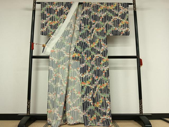 平和屋着物▽上質な小紋 単衣 草花文 正絹 逸品 AABJ6023jh