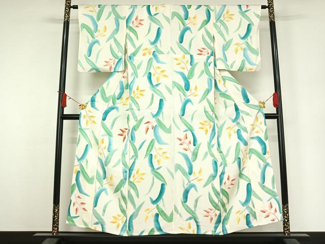 平和屋着物▽上質な小紋 単衣 地紋起こし 草葉文 正絹 逸品 AABJ6026jh