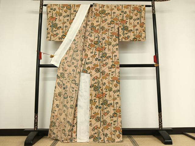平和屋着物▽上質な小紋 単衣 笹竹花蝶文 金彩 正絹 逸品 AABJ6029jh