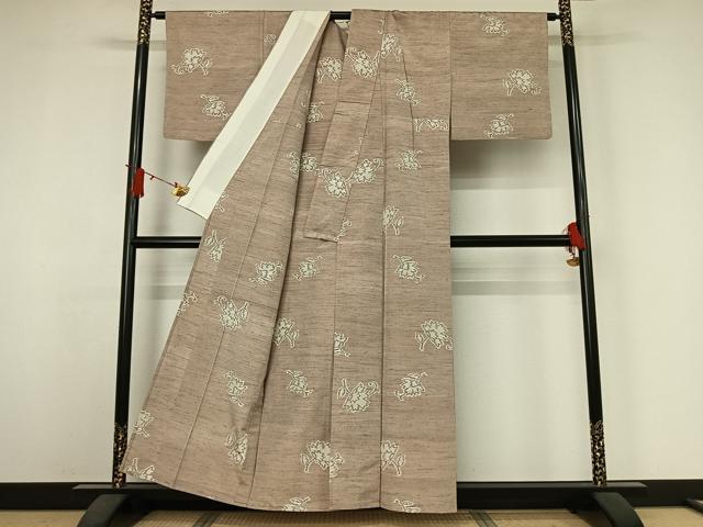 平和屋着物▽上質な紬 単衣 花唐草文 正絹 逸品 AABJ6035jh