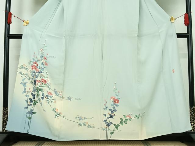 平和屋着物▽十日町友禅 女流作家 遠田藤舟 訪問着 単衣 草花文 暈し染め 正絹 逸品 AABJ6038jh