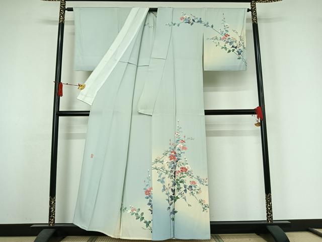 平和屋着物▽十日町友禅 女流作家 遠田藤舟 訪問着 単衣 草花文 暈し染め 正絹 逸品 AABJ6038jh