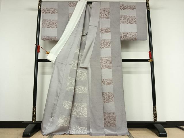 平和屋着物▽上質な小紋 単衣 人物風景文 お召縮緬 正絹 逸品 AABJ6048jh