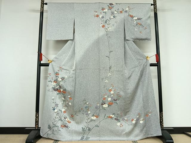 平和屋着物▽訪問着 単衣 草花文 銀彩 大丸扱い 正絹 逸品 AABJ6052jh