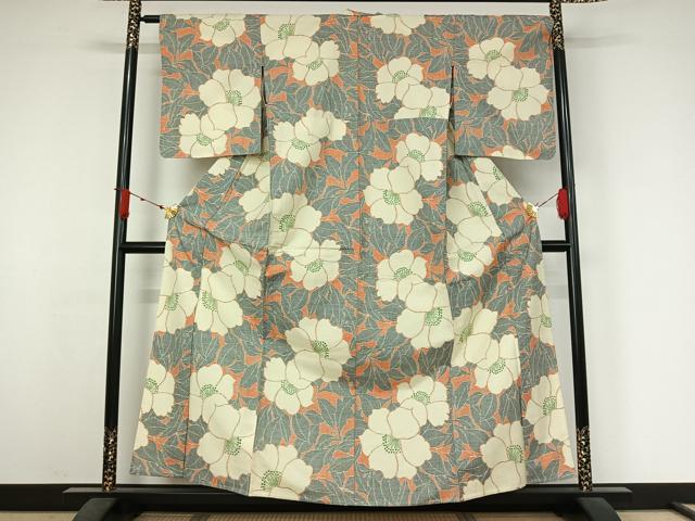 平和屋着物▽小千谷紬 単衣 草花文 正絹 逸品 AABJ6063jh