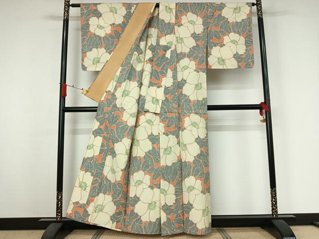 平和屋着物▽小千谷紬 単衣 草花文 正絹 逸品 AABJ6063jh