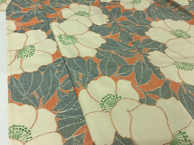 平和屋着物▽小千谷紬 単衣 草花文 正絹 逸品 AABJ6063jh