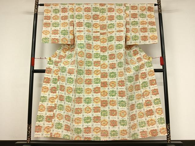 平和屋着物▽小千谷紬 単衣 格子花文 正絹 逸品 AABJ6065jh