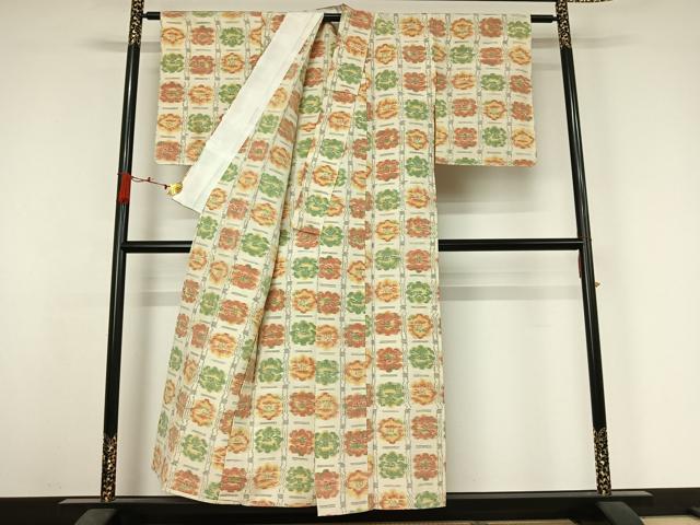 平和屋着物▽小千谷紬 単衣 格子花文 正絹 逸品 AABJ6065jh