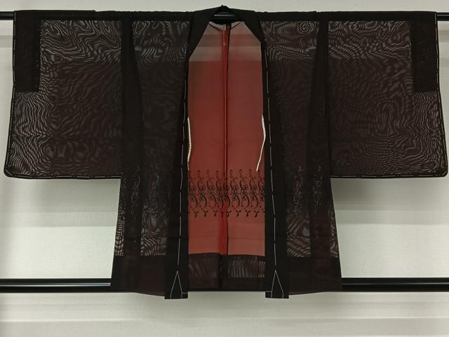 平和屋着物▽羽織 スリーシーズン 春夏秋 塵除け 刺繍 草花文 黒地 正絹 逸品 未使用 AABJ6074jh