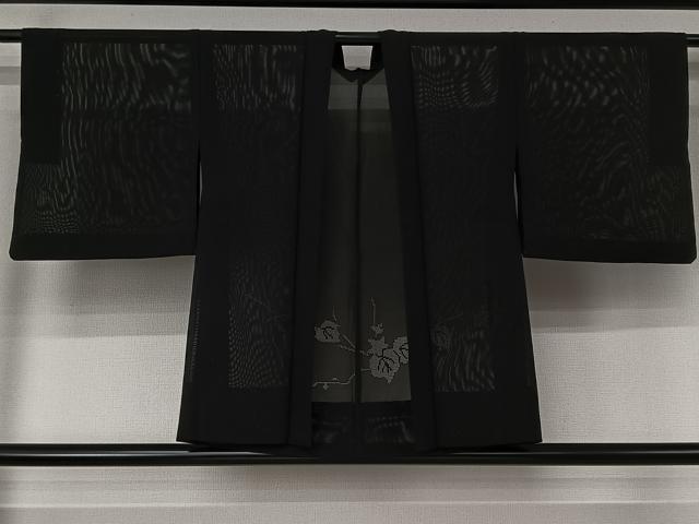 平和屋着物▽羽織 スリーシーズン 春夏秋 塵除け 枝葉文 黒地 正絹 逸品 AABJ6077jh