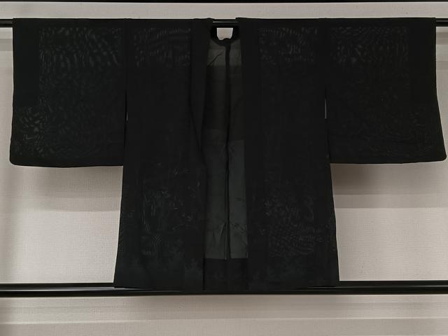 平和屋着物▽羽織 スリーシーズン 春夏秋 塵除け 草葉文 黒地 正絹 逸品 AABJ6079jh