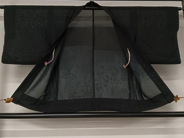平和屋着物▽羽織 スリーシーズン 春夏秋 塵除け 草葉文 黒地 正絹 逸品 AABJ6079jh
