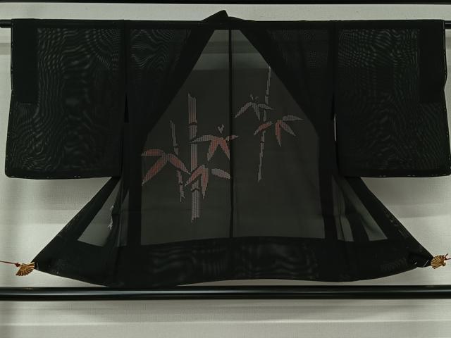 平和屋着物▽羽織 スリーシーズン 春夏秋 塵除け 笹竹文 黒地 正絹 逸品 未使用 AABJ6084jh
