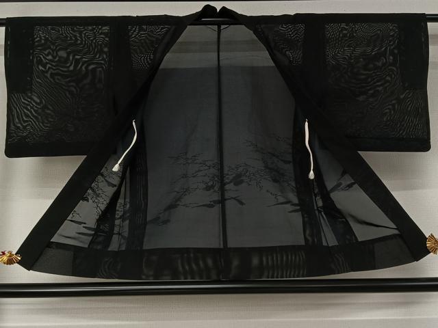 平和屋着物▽羽織 スリーシーズン 春夏秋 塵除け 枝葉文 黒地 正絹 逸品 AABJ6092jh