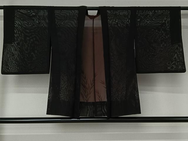 平和屋着物▽羽織 スリーシーズン 春夏秋 塵除け 草葉文 黒地 正絹 逸品 AABJ6095jh