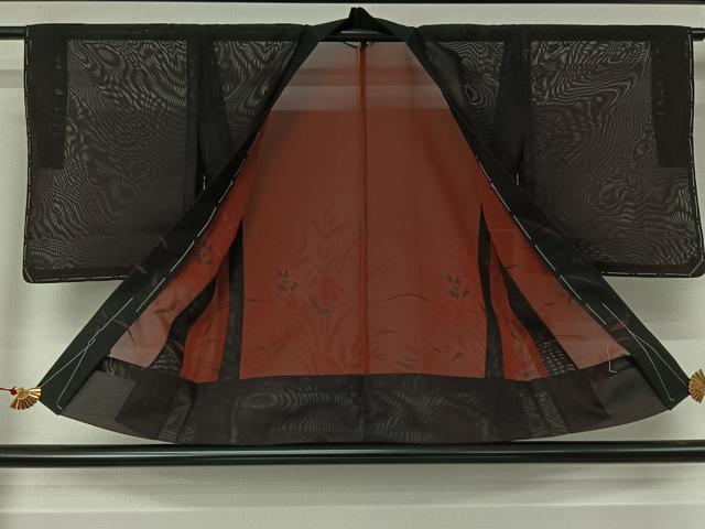 平和屋着物▽羽織 スリーシーズン 春夏秋 塵除け 草花文 黒地 正絹 逸品 未使用 AABJ6099jh