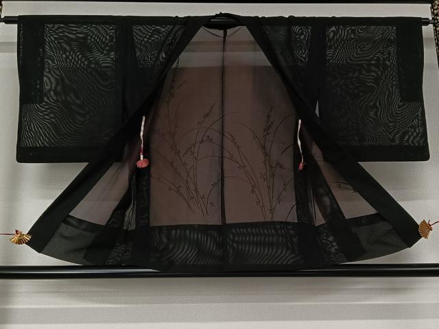 平和屋着物▽羽織 スリーシーズン 春夏秋 塵除け 草花文 黒地 正絹 逸品 AABJ6102jh