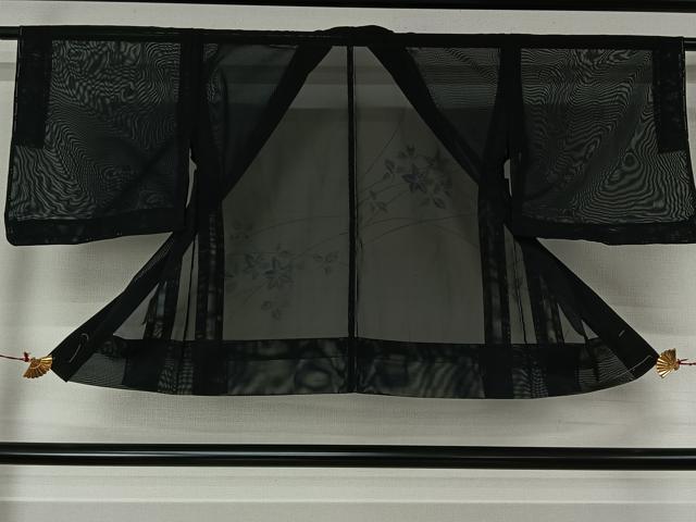 平和屋着物▽羽織 スリーシーズン 春夏秋 塵除け 草花文 黒地 正絹 逸品 未使用 AABJ6103jh