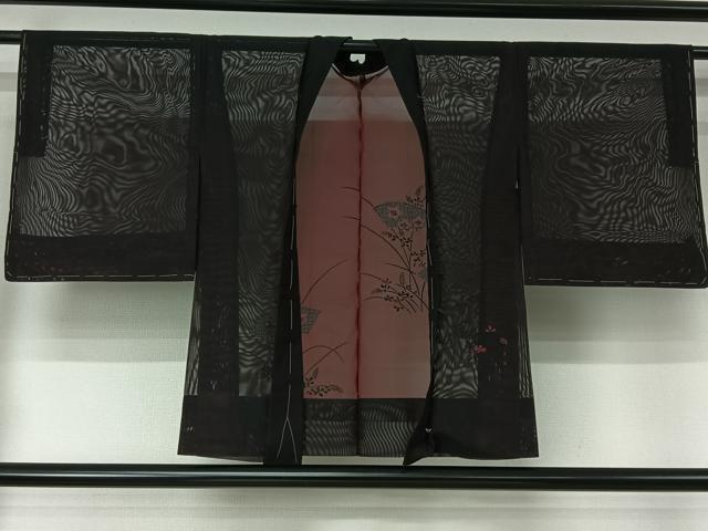 平和屋着物▽羽織 スリーシーズン 春夏秋 塵除け 総刺繍 地紙花文 黒地 正絹 逸品 AABJ6104jh