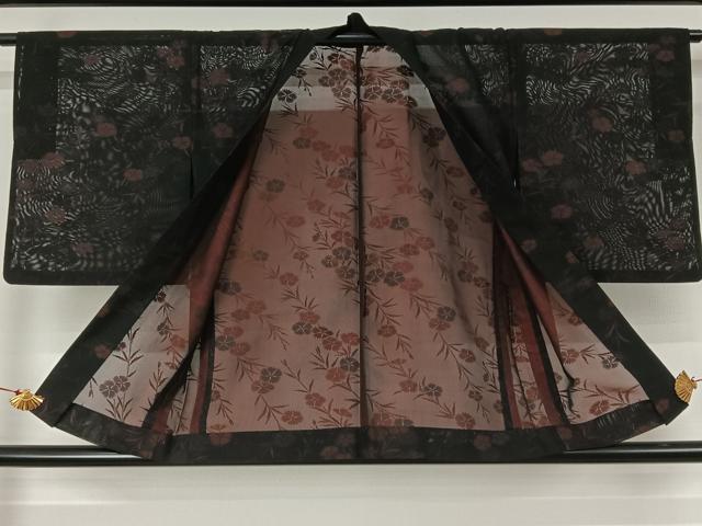 平和屋着物▽羽織 スリーシーズン 春夏秋 塵除け 草花文 黒地 正絹 逸品 AABJ6106jh