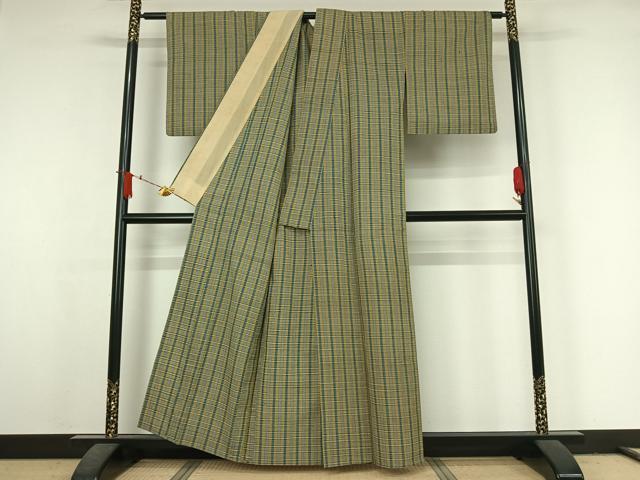 平和屋着物▽上質な紬 単衣 格子 正絹 逸品 AABJ6116jh