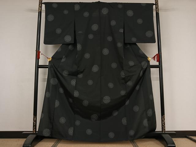平和屋着物▽小紋 単衣 麻の葉丸文 黒地 洗える着物 AABJ6120jh