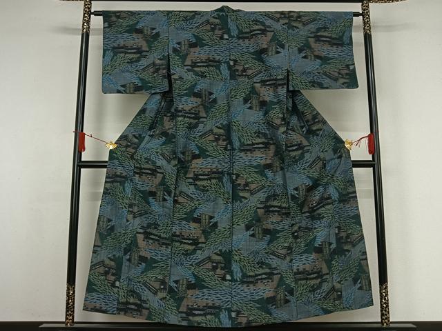 平和屋着物▽上質な紬 単衣 風景文 正絹 逸品 AABJ6121jh