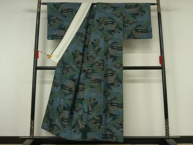平和屋着物▽上質な紬 単衣 風景文 正絹 逸品 AABJ6121jh