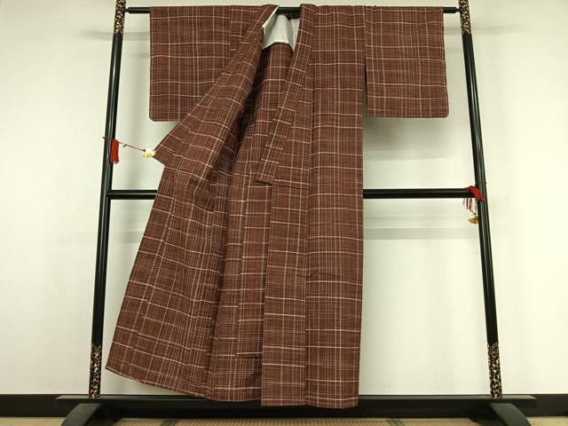 平和屋着物▽上質な紬 単衣 格子 正絹 逸品 AABJ6126jh