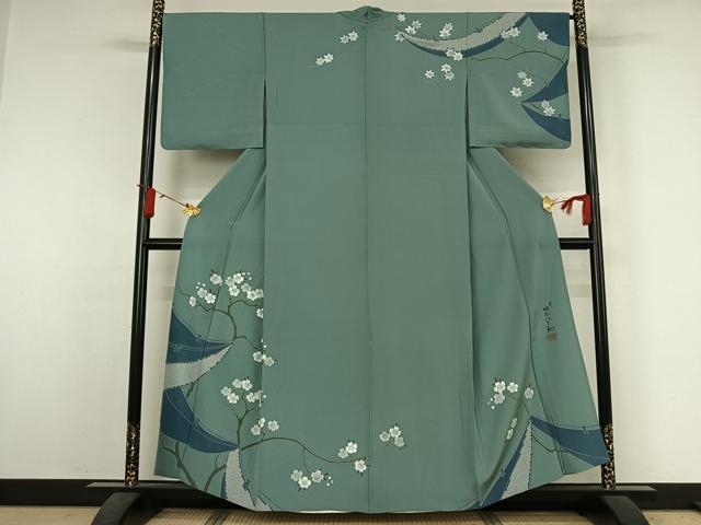 平和屋着物▽五代 歌舞伎役者 坂東八十助 訪問着 単衣 枝花文 舟 金彩 正絹 逸品 未使用 AABJ6135jh