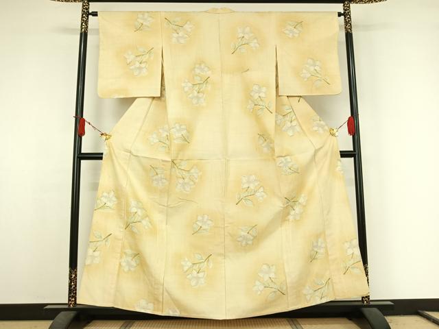 平和屋着物▽上質な紬 単衣 草花文 正絹 逸品 AABJ6142jh