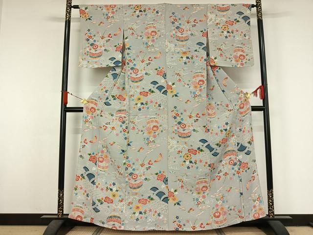 平和屋着物▽上質な小紋 単衣 型染め 飾花文 鬼しぼ縮緬 正絹 逸品 AABJ6149jh