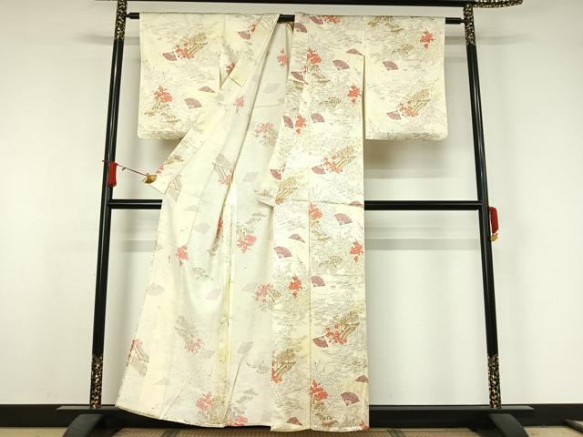 平和屋着物▽上質な小紋 単衣 風景舞扇花文 正絹 逸品 AABJ6154jh