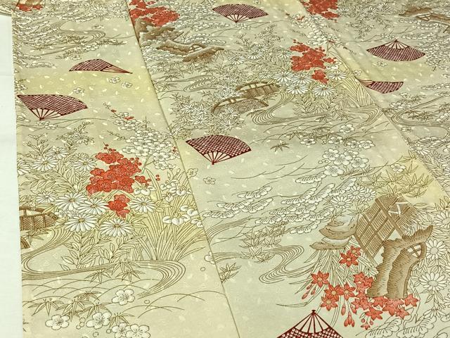平和屋着物▽上質な小紋 単衣 風景舞扇花文 正絹 逸品 AABJ6154jh