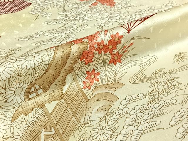 平和屋着物▽上質な小紋 単衣 風景舞扇花文 正絹 逸品 AABJ6154jh