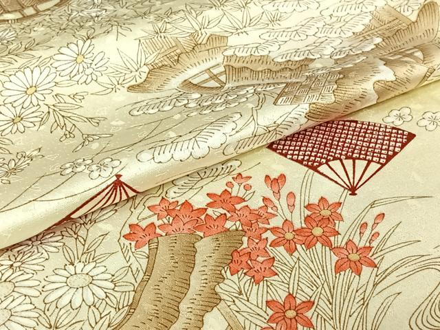 平和屋着物▽上質な小紋 単衣 風景舞扇花文 正絹 逸品 AABJ6154jh