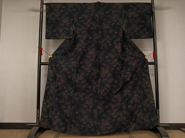 平和屋着物▽上質な紬 単衣 草花文 正絹 逸品 AABJ6161jh