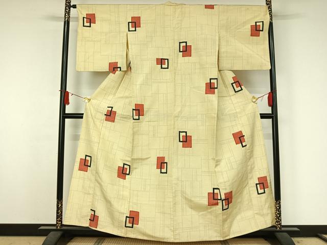 平和屋着物▽上質な紬 単衣 幾何学文様 正絹 逸品 AABJ6162jh