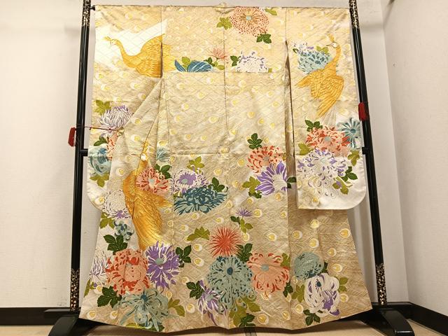平和屋着物●豪華振袖 駒刺繍 孔雀花文 金彩 正絹 逸品 AABJ6223ph
