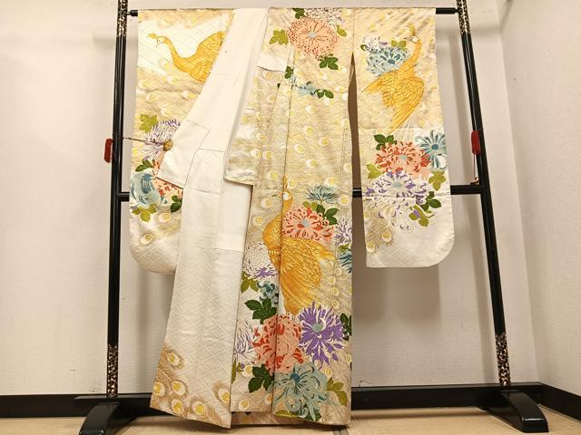 平和屋着物●豪華振袖 駒刺繍 孔雀花文 金彩 正絹 逸品 AABJ6223ph
