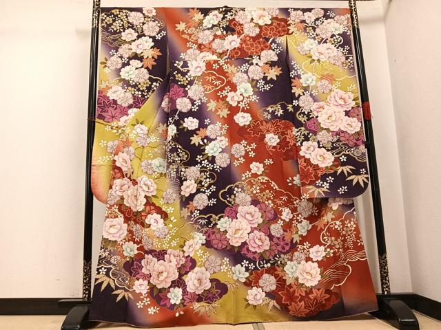 平和屋着物●豪華振袖 刺繍 草花文 暈し染め 金銀彩 銀通し地 正絹 逸品 AABJ6240ph