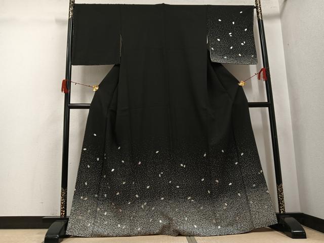 平和屋着物●訪問着 夜桜 たたき染め 黒地 銀彩 正絹 逸品 未使用 AABJ6246ph