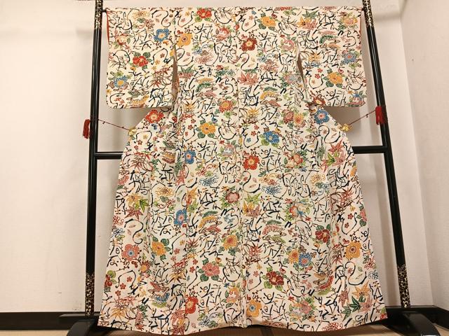 平和屋着物●上質な小紋 型染め 花鳥文 鬼しぼ縮緬 正絹 逸品 AABJ6255ph