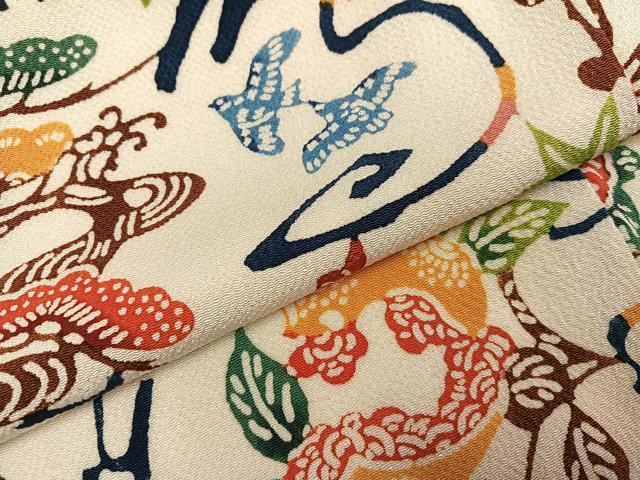 平和屋着物●上質な小紋 型染め 花鳥文 鬼しぼ縮緬 正絹 逸品 AABJ6255ph