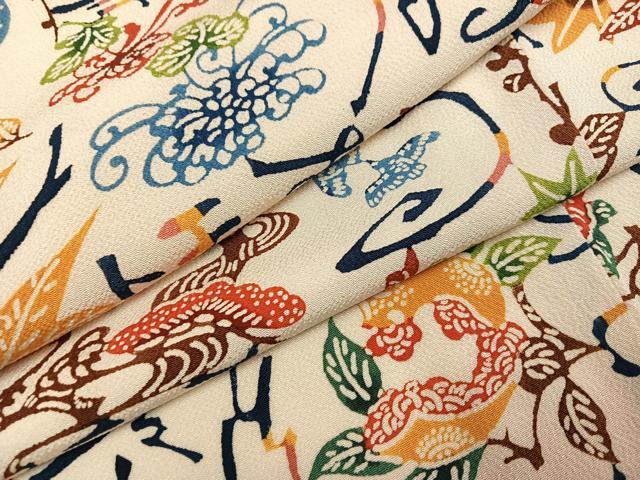 平和屋着物●上質な小紋 型染め 花鳥文 鬼しぼ縮緬 正絹 逸品 AABJ6255ph