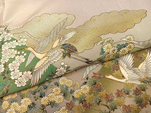 平和屋着物●螺鈿作家 甲斐泰造 色留袖 螺鈿 群れ鶴草花文 暈し染め 金彩 正絹 逸品 AABJ6258ph